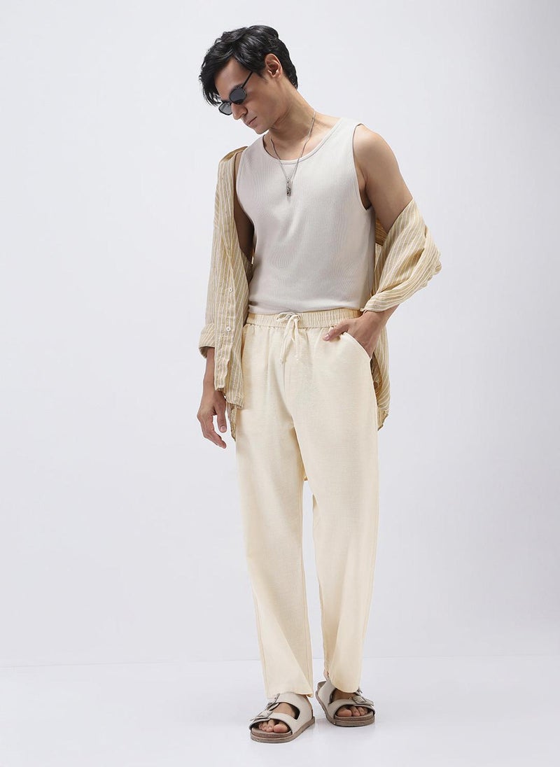 Urbano Fashion Men's Cream Loose Fit Solid Linen Blend Trousers Non-Stretchable - Image 4
